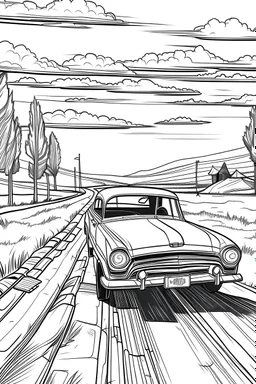 Outline art, no shading, car on the road, cartoon style, black and white, low detail, --ar 9:11