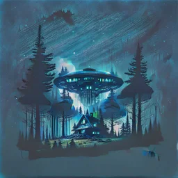 a dark forest with a house in the distance and a ufo in the sky, dark tones impressionistic