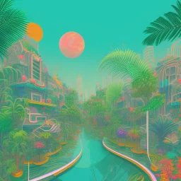 tropical city, latino, plants, streets, risograph, flat design, 2 colors