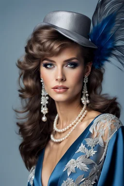 full body beautiful girl, elegant silver,lace clothes of the 80s, luxury style, small elegant hat with feather, hair of the 80s, pearl necklace, earrings masterful, beautiful face,blue backdrop