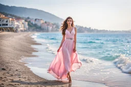 long shot, beautiful Turkish girl with nice blue eyes wearing a pink - blue dress walks in shore toward camera , sharp focus all the scene, natural light, vertical composition, relaxed and natural, fresh and comfortable ,in seaside there are luxury beach hotels.