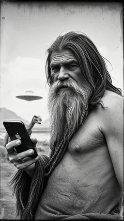 An old picture style of black and white mono very bad quality looks very old camera picture with cracks of a Neanderthal man with long dirty hair and beard wearing an animal skin cloths holding an IPhone the year 1900 Time Machine in the background from a distance dinosaurs and a landed ufo machine