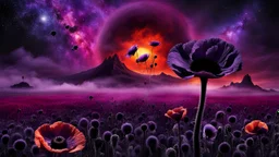 black poppy seed , purple poppy flower in the bloody sunset, on alien land, weird, surreal, complementer colors, fog, shadows, dead world, high detailed, far above on the dark sky is nebula, weird, surreal style, splash art