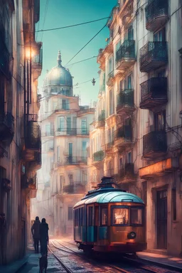 lisbon city view in fantasy cyberpunk style with famous tram