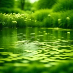 Abstract and geometric photography of a garden with a lake. Colors are light green and yellow. Some parts of image are very out of focus. Heavy grain texture.