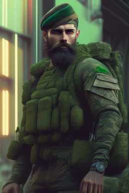 photorealistic male bearded handsome soldier, hyperdetailed painting, luminism, Bar lighting, complex, dark green miltary, 4k resolution concept art, Artgerm, WLOP, Alphonse Mucha, 3d render, octane render, intricately detailed, cinematic, awesome full color, hand drawn, dark, gritty, cinematic, buckeye burl