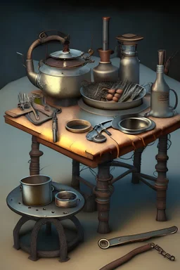 An iron table, on which there is an aluminum cooker with several tools, and on the table there are two vices, pipes and a pillow