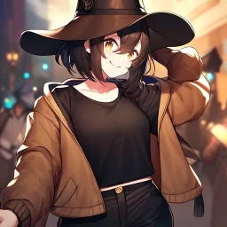 Clear focus, High resolution, short brown spiky hair, hair between eyes, eyes closed, wearing a brown detective hat, wearing a brown jacket and a black shirt, wearing black shorts, 1girl, pulling hat down, smiling, wearing a oversized jacket