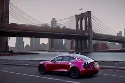 A Tesla 'Model 3' is parked, on the 'FDR Drive', eastern Manhattan. (CINEMATIC, WIDE ANGLE LENS, PHOTO REAL)