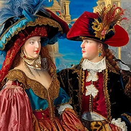 Pareja hombre y mujer con disfraz en el carnaval de Venezia obra de arte pintura al óleo renacentista obra de arte hiperdetallada 8k