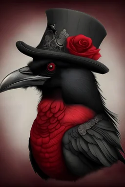 valentines crow portrait in victorian clothes, hat, red