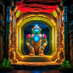 portrait of ancient godlike chat robot i, in front of teleporter portal to the sea in an underground grove, 8k, down-light, soft light, depth of field, photo realism, trending on art station, high detail