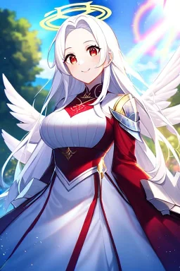 girl, masterpiece, best quality, cinematic lighting, detailed outfit, vibrant colors, perfect eyes, long hair, white hair, red eyes, lens flare abuse, open forehead, outdoors, smile, halo, white wings, light rays, god rays, armored dress,