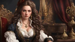 (1woman), (medium full shot), (sitting:1.1), (pirate 19 century:1.1), british, long wavy hair, smooth soft skin, trending on artstation, sharp focus, studio photo, intricate details, highly detailed, by greg rutkowski, trending on artstation, sharp focus, studio photo, intricate details, highly detailed, (pirate ship) in the background