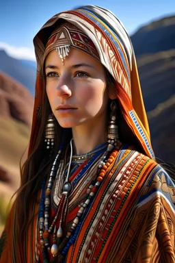 Young Berber woman, detailed, hyper realistic, wearing a vibrant Amazigh dress adorned with geometric patterns, silver jewelry glinting in the sun, standing proudly in the Atlas Mountains.