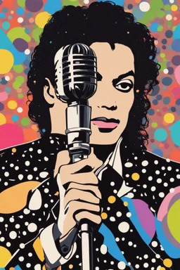 colorful Illustration of a michael jackson microphone in hand and looking at the camera. Polka dots in the background. by munch