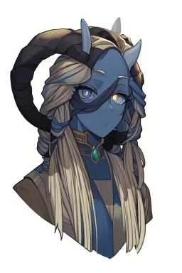 A tieffelin with blue skin and white Dreadlock hair. His pupil-less eyes are green. He wears a small beard. His horns are black and curved backwards. He wears a beige tunic.