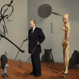 Putin Looking At A Statue Of Xi Jinping,complex surgical instruments,a sickle intermixed with a Axe, prosthetic legs,minimalism,Painting By Adrian Ghenie,Lucian Freud,Rene Magritte,Salvador Dali