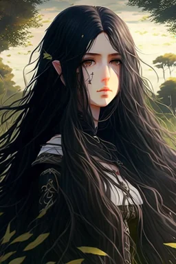 Anime, wavy long black hair girl in medieval clothing in large field in the middle of the forest, HD, extreme detail in the face