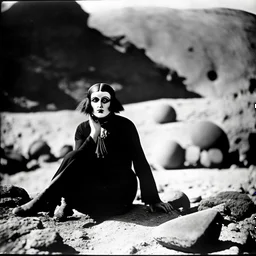 photo, 1920 horror movieshot, sitting, eaging, rocks, very odd objects in background, Ades, stunning photo, persone con sorriso falso e occhi, Charon, tenebroso, macabro, marcio, interno museo, fiotti di liquido nero che zampillano, hypermaximalist, strangeness, sundial light, odd, intricate, Lawrence Alma-Tadema style, albero, hypnotic, very accentuated details of the dress and skin, eerily mysterious, artistic photo, shot on Hasselblad, sadness, follia, smoke, daguerrotype