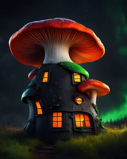 An asymmetrical mushroom house in the night sky. in space. Bright Bold Bright Colors, green orange black, Stark Dark background. Detailed Matte Painting, deep color, fantastical, intricate detail, splash screen, hyperdetailed, insane depth, Fantasy concept art, 8k resolution, trending on artstation, Unreal Engine 5, color depth, Deep Colors, backlit, splash art, dramatic, splash art Style. High Quality, Painterly, Whimsical, Fun, Imaginative, Bubbly, good detail, perfect composition,