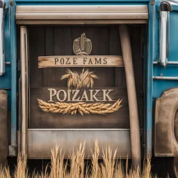 Side Door of a truck with a logo for a wheat farm that features a tractor and wheat with text: "Pozniak Farms"