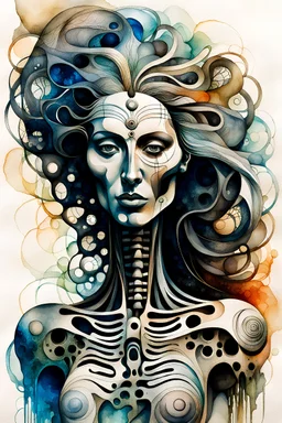 Picasso and Peter Gric style ink wash and watercolor, full body illustration of a biomechanical woman , highly detailed facial features, mixed to anatomical body view, visible skeleton, wildly flowing hair, 8k octane, all in focus, clean face, no grain, ethereal, otherworldly concept art in vibrant natural colors