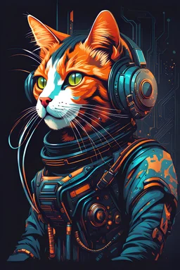 Ilustración lineal arte conceptual de un gato Calicó cyberpunk elegante, full body, hiperdetallada, increíble obra de arte, colores complementarios, maximalista