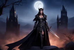 the mystical vampire huntress adopts a powerful posture, her form shrouded in mystery as she stands against her foes. With an over-the-shoulder view, her bespoke warrior ensemble decorated with onyx tracery and darkness symbols shimmers under starlight, throwing spectral forms across the landscape. In this imposing Victory Position, she reveals her commanding nature through her midnight warrior garb and bearing, embodying her might and self-assurance in instances of crisis.