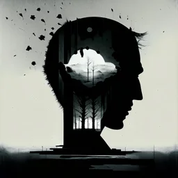 Dramatic alternate reality matte oil painting, double exposure of a mind in revolt, sinister, shock value, artistic, oddball masterpiece, sfumato, dark, eerie, complex contrast, dynamic composition, by Alessandro Gottardo and Adolph Gottlieb, mind-bending illustration; album cover art, asymmetric,