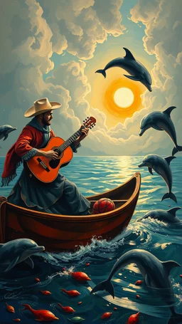 Bosch painting style flamenco guitar player in a boat and dolphin are dancing around the boat