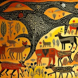 A tan semi-desert grounds with animals designed in Australian aboriginal art painted by Paul Klee