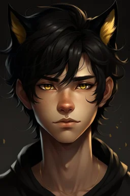 A young male with messy black hair, gold eyes, black cat ears, realistic