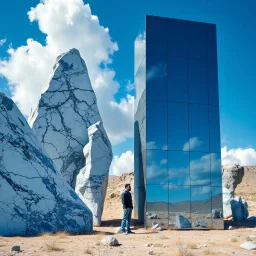 Un'immagine di un paesaggio naturale con marmi blu e bianchi, imponenti, accanto a strutture artificiali verticali. Queste strutture sono blocchi rettangolari di vetro riflettente, che creano un contrasto tra il naturale e l'artificiale. Cielo blu intenso.. Persona osserva. La scena trasmette un senso di dialogo tra elementi organici. Dettagli degli specchi e delle rocce molto accentuati. Nuvole