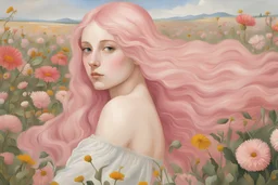 girl with long pink hair surrounded by a field of flowers in the painting style of Jean Auguste Dominique Ingres