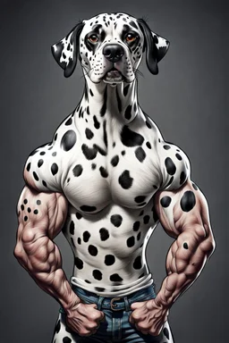 Dalmation with human face and big muscular arms