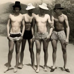 a group of four male friends with very small shorts on and large hats