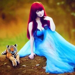 2 beautiful sourceress, girl, dressed in a transparent intricate blue dress, leaves in the hair, red hair, faily tail, resting with a baby tiger, high definition, high contrast, wallpaper