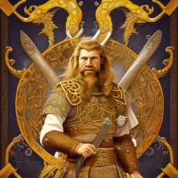 viking holger danske,long swirling beard and hair, his sword is golden, siting on his throne with wolfes on each side, alkohol ink, background swirley colorful with painted dragon on the wall, background colorful