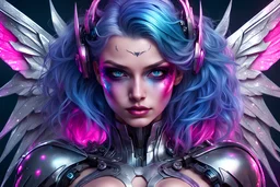 angel Batman, girl with in cyberpunk style, beautiful face and eyes, beauty girl, CHROME SILVER, CHROME RAINBOW, BLUE hair, PRETTY EYES, highly detailed face, Ultra detailed digital art masterpiece, beautiful misterios dark pink fairy woman with a misterios nightmare