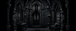 generate a draw minimal style black, a dark room in an old castle and a lot of items