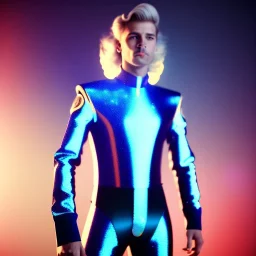 Handsome galactic man, glitter blue and white galactic suit with jewels, blond hair, blue eyes, cinematic lights, full details, hight quality, unreal engine 5, 4k, cosmic stars background