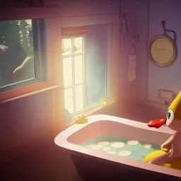 don't lie in the bathtub with big bubble and yellow duck toy facing a blue mirror that hide a notebook tell a oak forest story.studio ghibli,andrea bonelli,Brian Kesinger, style.64k,unreal engine cinematic smooth,intricate detail