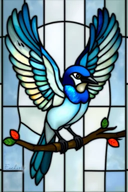 vitrail d'un geai bleu ailes déployées art déco d'après mucha