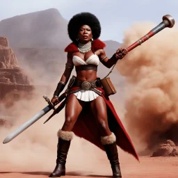 Nyota Uhura, ready to fight, in dust, rust and blood, her body is covered with multiple pearls and leather belts, in fur boots, she blows deep into the didgeridoo