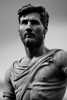 Ultra Realistic image, roman sculpture, deluxe white marble material, Lionel Messi, Renaissance style, miguel angel style, chisel style, emperor, waist up portrait, epic, celestial, cinematic lighting, God light, god rays, 4k resolution, smooth details, ornate details, unreal engine 5, blue vibrant background.