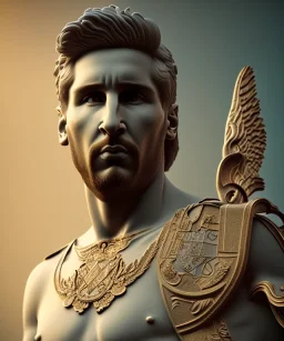 Realistic image, classic sculpture, marble material, Lionel Messi with Laurel wreath model, miguel angel style, God light, god rays, 4k resolution, perfect details, ornate details, soft lighting, unreal engine 5, soft cyan background.