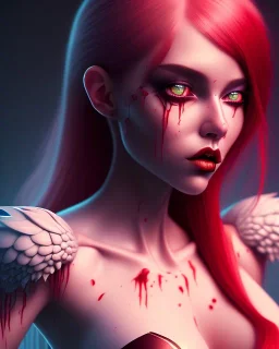 isometric art of a short Succubi girl with blood red hair and green eyes, deep lighting, dark pastel gradients, high definition, 3d icon clay render, blender 3d