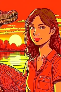 girl, brown hair, brown eyes, sunset, nature in the background with crocodile, handdrawn, river