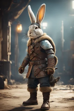 portrait of fast historic viking rabbit with hornet viking helmet & boots in fallout 4 setting, bokeh, downlight, prize winning, depth of field, in the style of ivo caprino